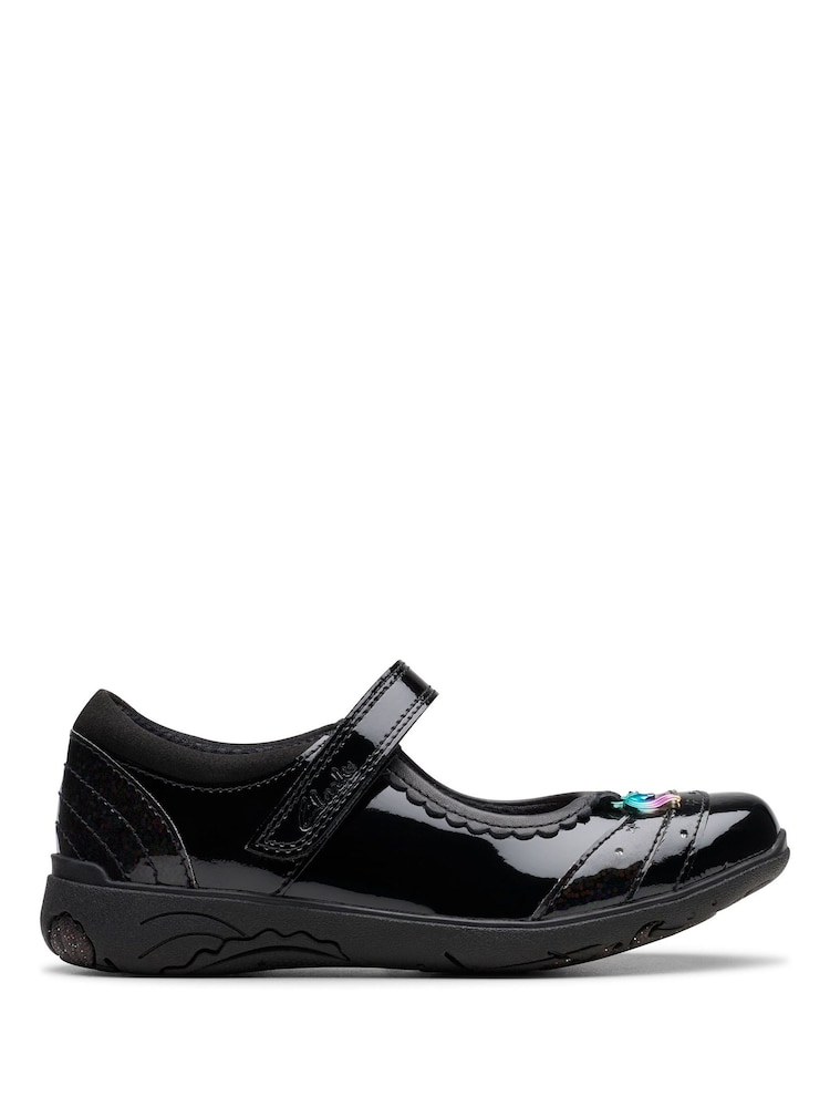 Clarks Black Patent Standard Fit (F) Relda Spark Mary Jane Patent Leather Kids School Shoes - Image 2 of 5 Clarks Black Patent Standard Fit (F) Relda Spark Mary Jane Patent Leather Kids School Shoes - Image 2 of 5