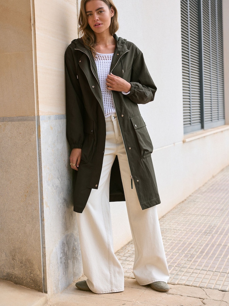 Khaki Green Lightweight Shower Resistant Hooded Longline Parka - Image 1 of 8