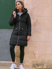 Black Shower Resistant Padded Puffer Hooded Mid Length Coat - Image 2 of 10