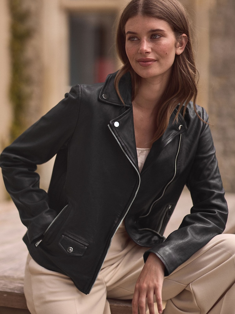 Black Premium Genuine Leather Biker Jacket - Image 1 of 8