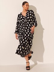 Simply Be Spot Tiered Plisse Midi Black Dress - Image 1 of 4