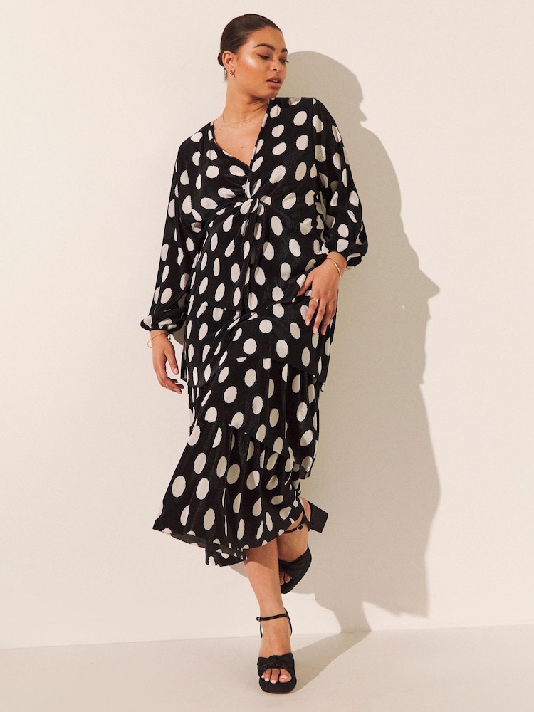 Simply Be Spot Tiered Plisse Midi Black Dress - Image 1 of 4