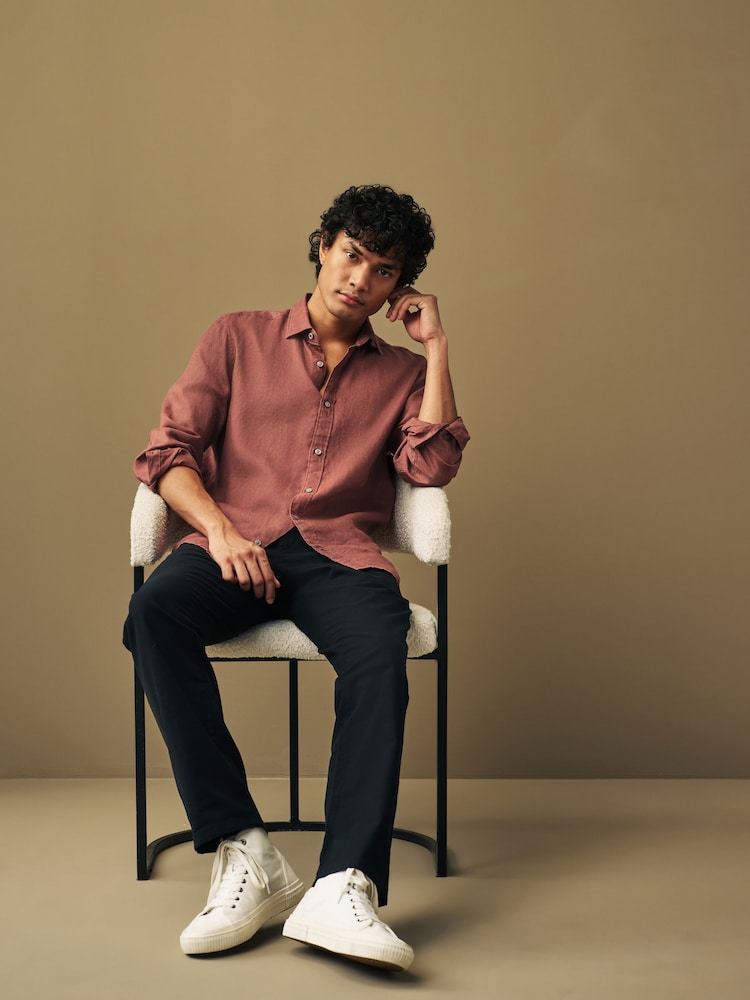 Rust Red Slim Fit 100% Linen Long Sleeve Shirt - Image 1 of 4