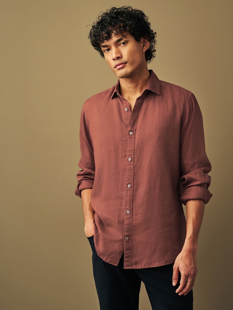 Rust Red Slim Fit 100% Linen Long Sleeve Shirt - Image 2 of 4