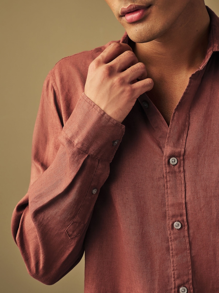 Rust Red Slim Fit 100% Linen Long Sleeve Shirt - Image 4 of 4