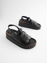 Black Leather Weave Flatform Wedge Sandals - Image 1 of 5