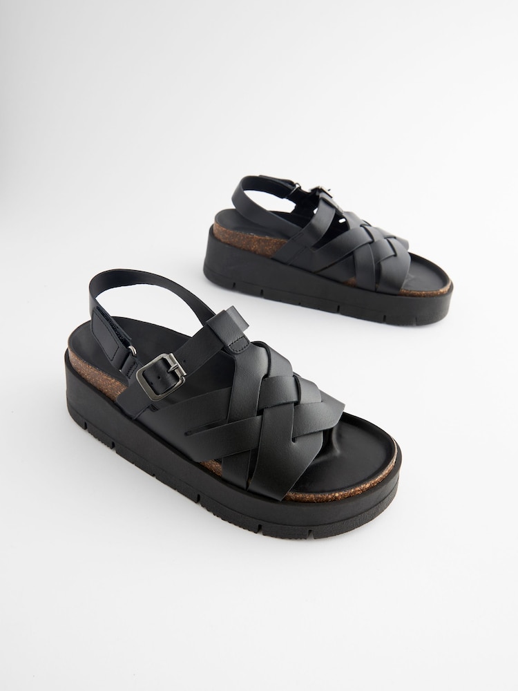 Black Leather Weave Flatform Wedge Sandals - Image 1 of 5