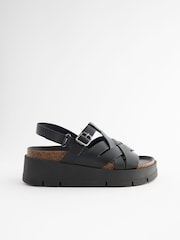 Black Leather Weave Flatform Wedge Sandals - Image 2 of 5