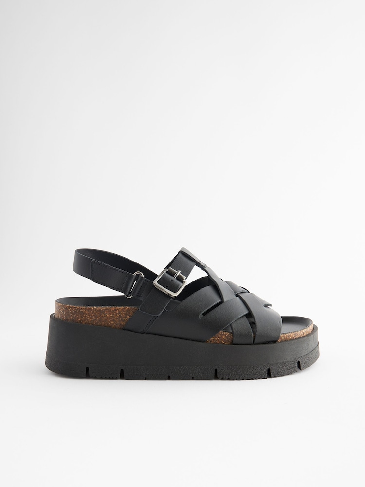 Black Leather Weave Flatform Wedge Sandals - Image 2 of 5