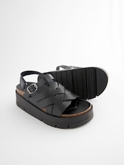 Black Leather Weave Flatform Wedge Sandals - Image 4 of 5