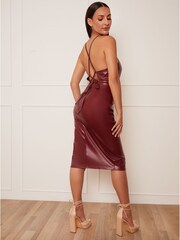Chi Chi London Red Petite Halter Neck PU Bodycon Dress - Image 2 of 4