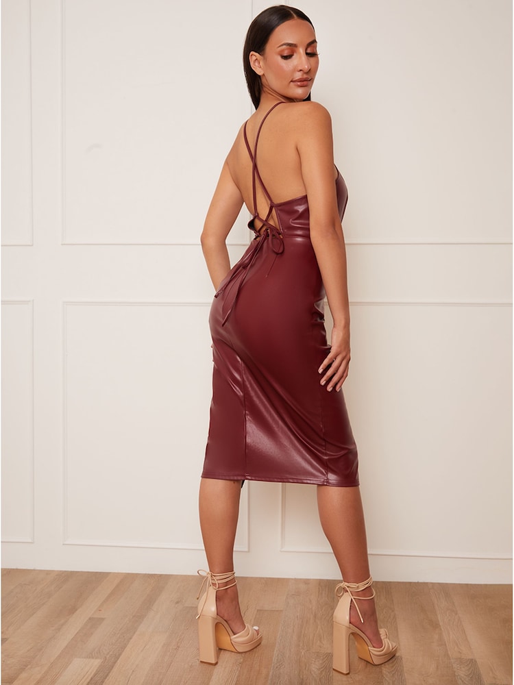 Chi Chi London Red Petite Halter Neck PU Bodycon Dress - Image 2 of 4