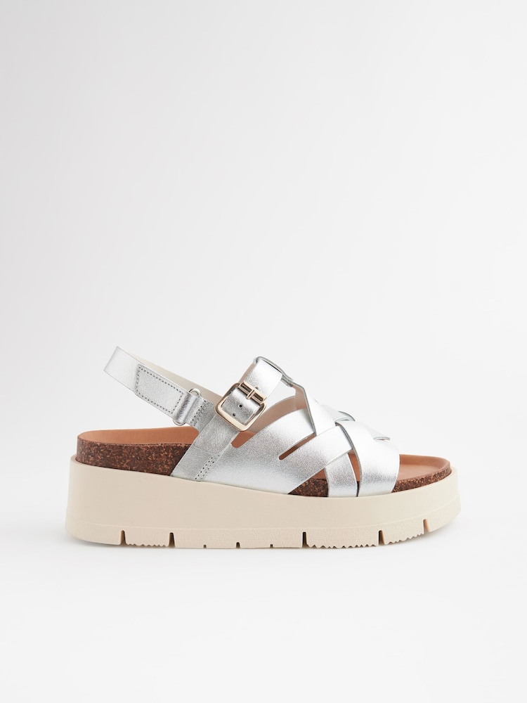 Silver Leather Weave Flatform Wedge Sandals - Image 2 of 5