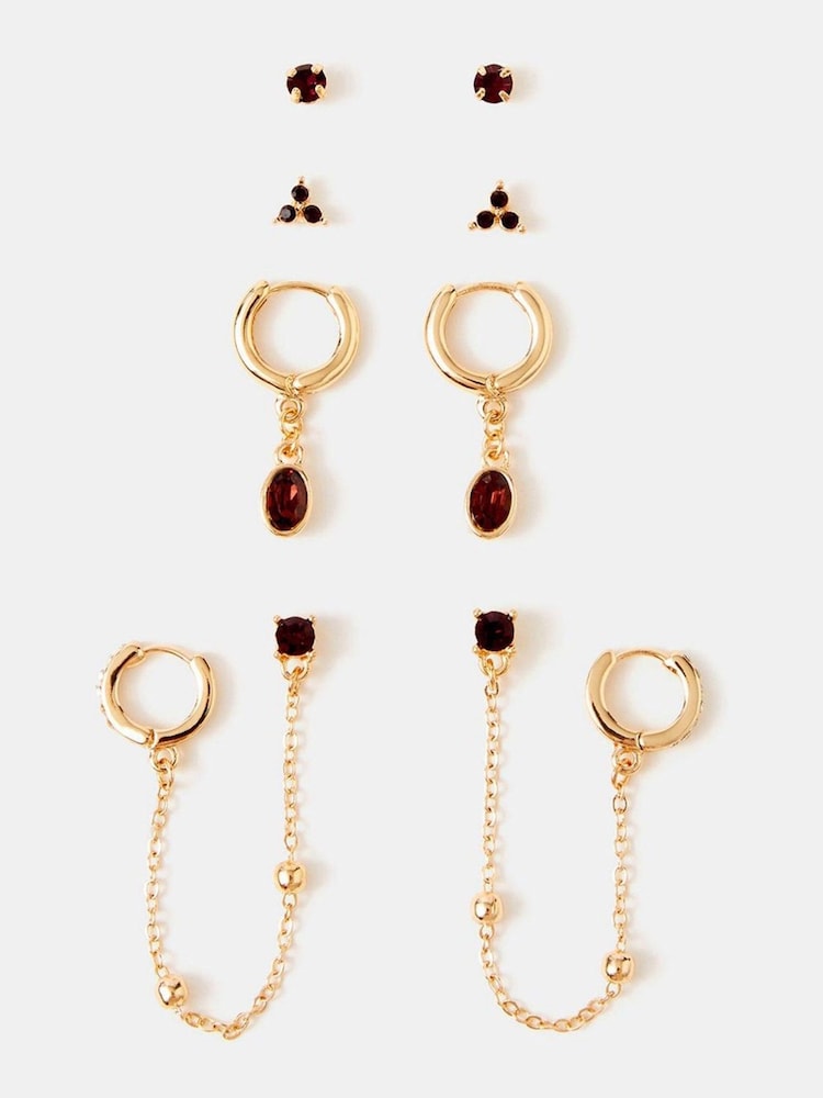 Accessorize Red Gem Stud & Chain Hoop Earrings 5 Pack - Image 1 of 2