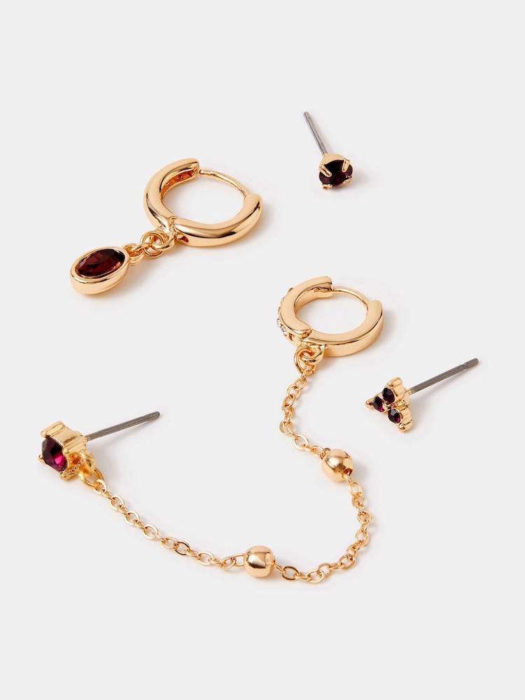 Accessorize Red Gem Stud & Chain Hoop Earrings 5 Pack - Image 2 of 2