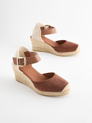 Tan Brown Forever Comfort® Leather Espadrille Buckle Wedges - Image 3 of 7