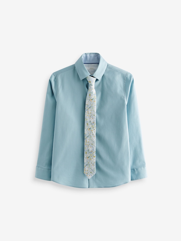 Серо-синий - Long Sleeve 100% Cotton Shirt with Tie Set (3-16yrs) - Image 1 of 3