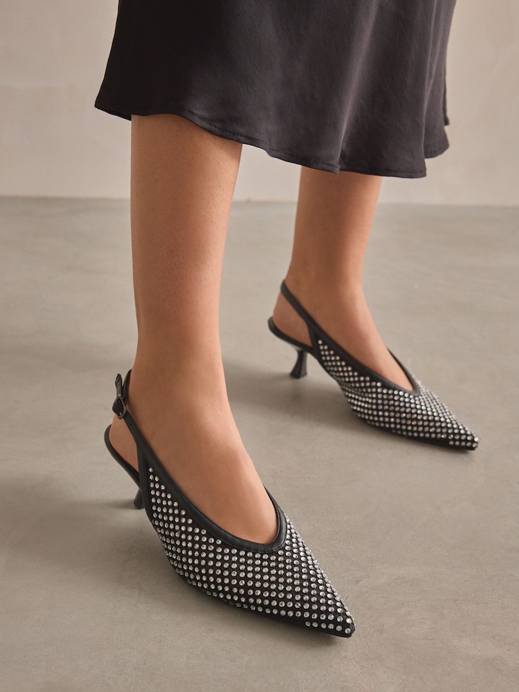Black Forever Comfort® Mesh Jewel Slingback Heel Shoes - Image 1 of 10