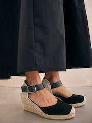 Black Forever Comfort® Leather Espadrille Buckle Wedges - Image 1 of 8