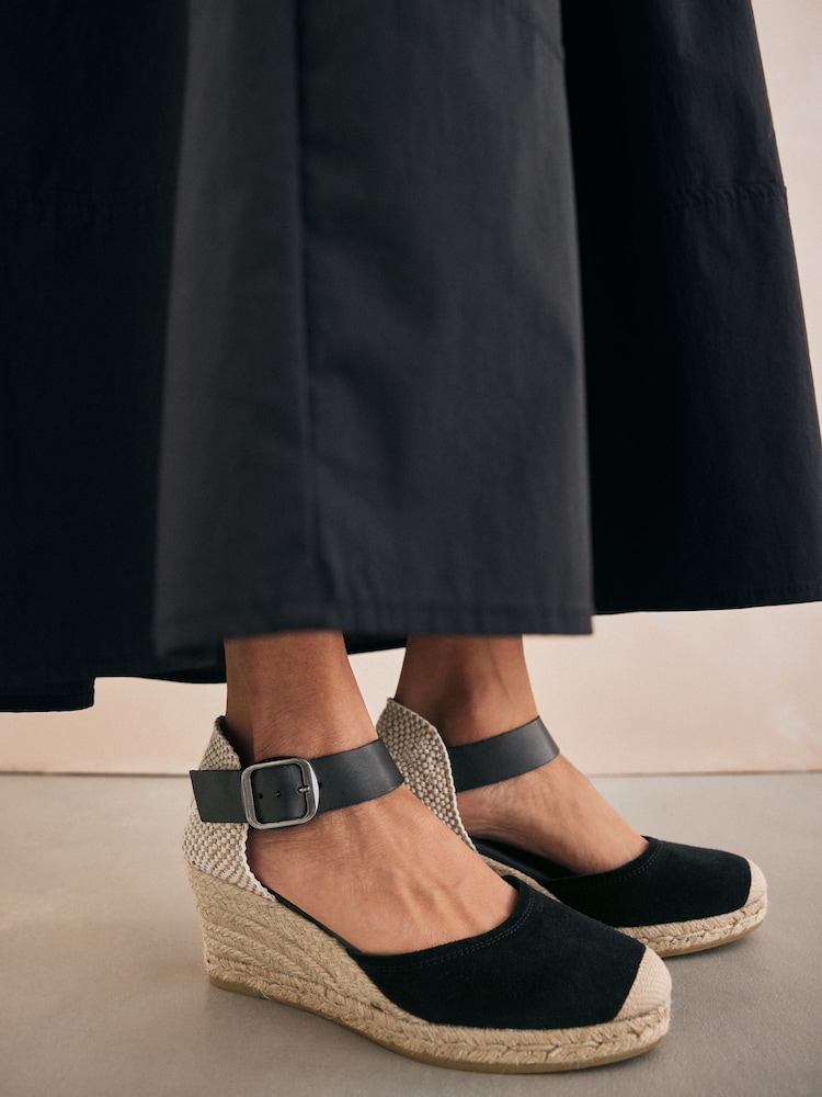 Black Forever Comfort® Leather Espadrille Buckle Wedges - Image 1 of 8