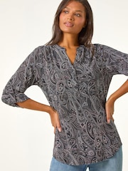 Roman Grey Textured Paisley Print Stretch Blouse - Image 1 of 5