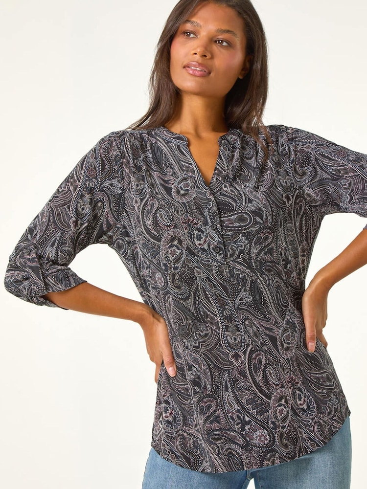 Roman Grey Textured Paisley Print Stretch Blouse - Image 1 of 5