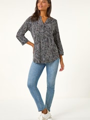 Roman Grey Textured Paisley Print Stretch Blouse - Image 2 of 5