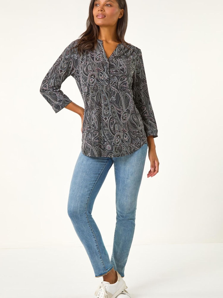 Roman Grey Textured Paisley Print Stretch Blouse - Image 2 of 5