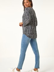 Roman Grey Textured Paisley Print Stretch Blouse - Image 3 of 5