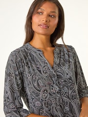 Roman Grey Textured Paisley Print Stretch Blouse - Image 4 of 5