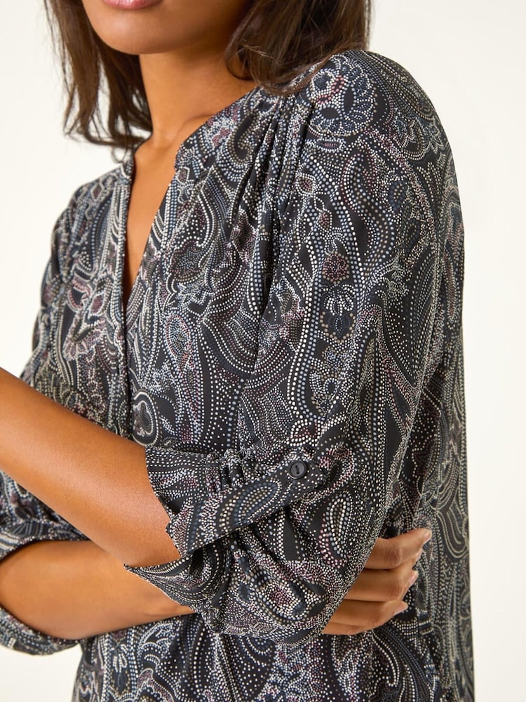 Roman Grey Textured Paisley Print Stretch Blouse - Image 5 of 5