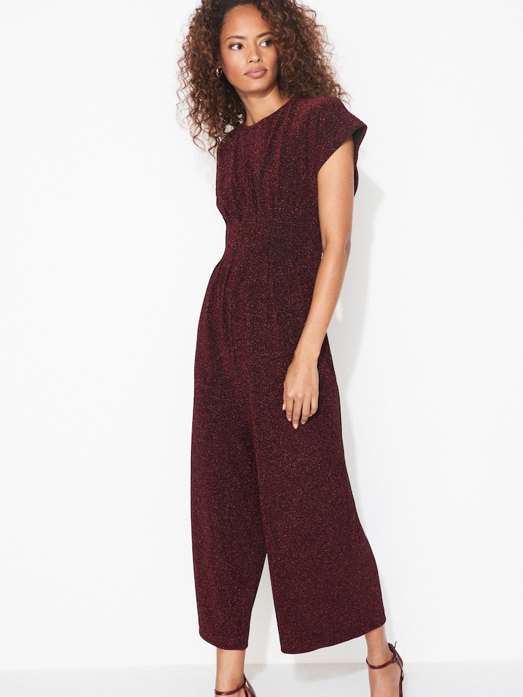 Metallic Red Short Sleeve Sparkle Wide Leg Jumpsuit - Image 1 of 5 Metallic Red Short Sleeve Sparkle Wide Leg Jumpsuit - Image 1 of 5