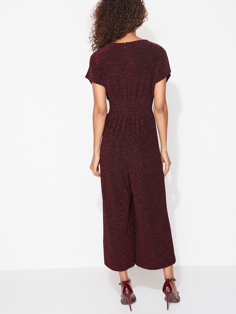 Metallic Red Short Sleeve Sparkle Wide Leg Jumpsuit - Image 2 of 5 Metallic Red Short Sleeve Sparkle Wide Leg Jumpsuit - Image 2 of 5