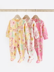 Yellow/Pink Floral 100% Cotton Popper Baby Sleepsuits 3 Pack (0-2yrs) - Image 1 of 8