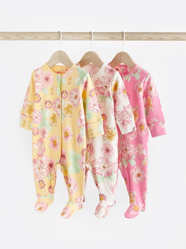 Yellow/Pink Floral 100% Cotton Popper Baby Sleepsuits 3 Pack (0-2yrs) - Image 1 of 8