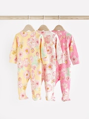 Yellow/Pink Floral 100% Cotton Popper Baby Sleepsuits 3 Pack (0-2yrs) - Image 2 of 8