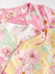 Yellow/Pink Floral 100% Cotton Popper Baby Sleepsuits 3 Pack (0-2yrs) - Image 4 of 8