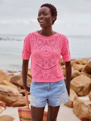 Fluro Pink Short Sleeve Crochet 100% Cotton Crew Neck T-Shirt - Image 1 of 7