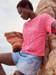 Fluro Pink Short Sleeve Crochet 100% Cotton Crew Neck T-Shirt - Image 2 of 7