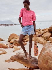 Fluro Pink Short Sleeve Crochet 100% Cotton Crew Neck T-Shirt - Image 3 of 7
