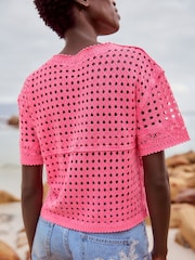 Fluro Pink Short Sleeve Crochet 100% Cotton Crew Neck T-Shirt - Image 4 of 7