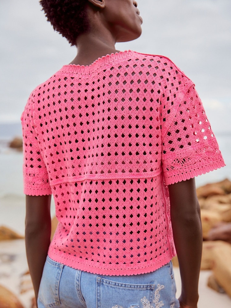 Fluro Pink Short Sleeve Crochet 100% Cotton Crew Neck T-Shirt - Image 4 of 7