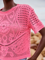 Fluro Pink Short Sleeve Crochet 100% Cotton Crew Neck T-Shirt - Image 5 of 7