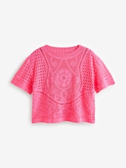 Fluro Pink Short Sleeve Crochet 100% Cotton Crew Neck T-Shirt - Image 6 of 7