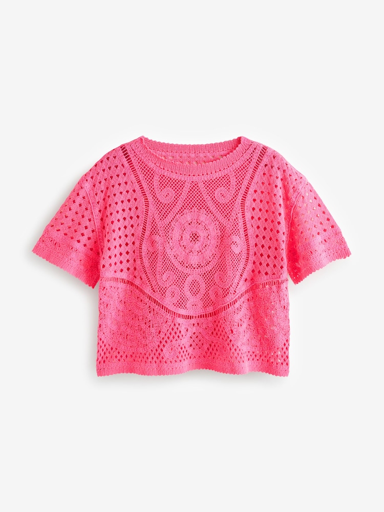 Fluro Pink Short Sleeve Crochet 100% Cotton Crew Neck T-Shirt - Image 6 of 7