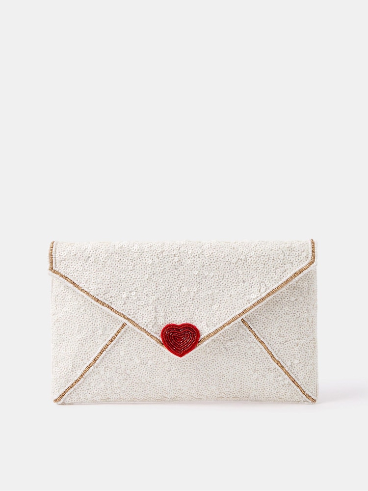 Accessorize Cream Love Letter Sequin Clutch Bag - Image 1 of 2 Accessorize Cream Love Letter Sequin Clutch Bag - Image 1 of 2
