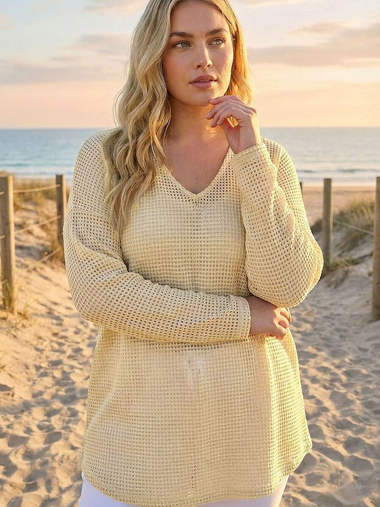 Roman Natural Curve Textured Knit V-Neck Tunic - Image 2 of 4