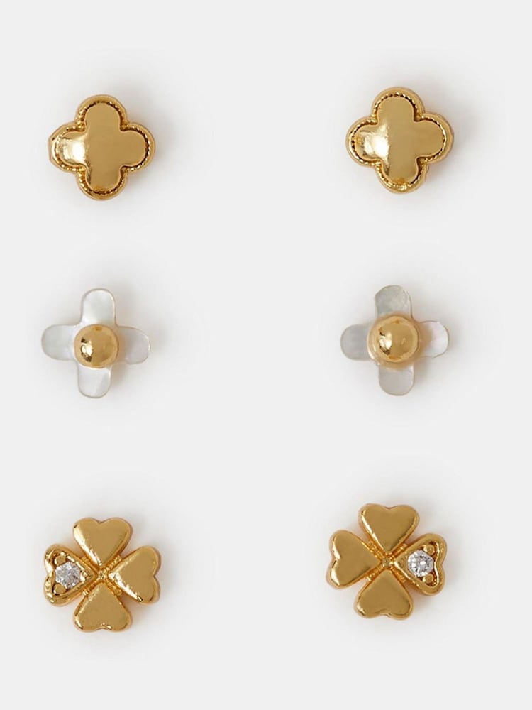 Accessorize Gold Plated 14ct Mother of Pearl Clover Stud Earrings 3 Pack - Image 1 of 2