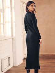 Navy Blue Long Sleeve Rib Midi Dress - Image 3 of 5