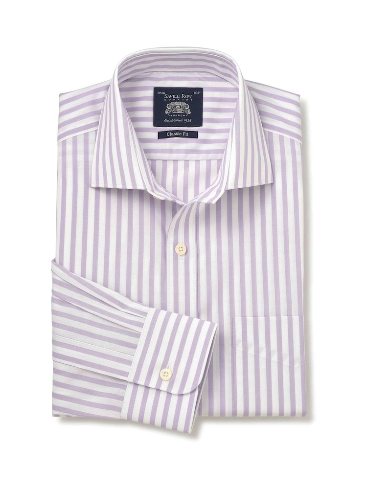 Fioletowy - Savile Row Company Classic Fit Striped Cotton Poplin Single Cuff Formal Shirt - Obraz 1 z 3